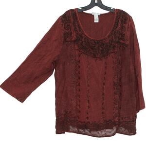Catherines Top 3/4 Sleeve Embroidered Boho Artsy Romantic Casual Red Black 0X